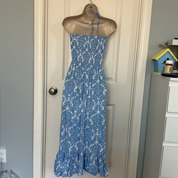 NWOT Blue Ginger Strapless Asymetrical Halter Dress Size Small Blue/White Print - Picture 4 of 7